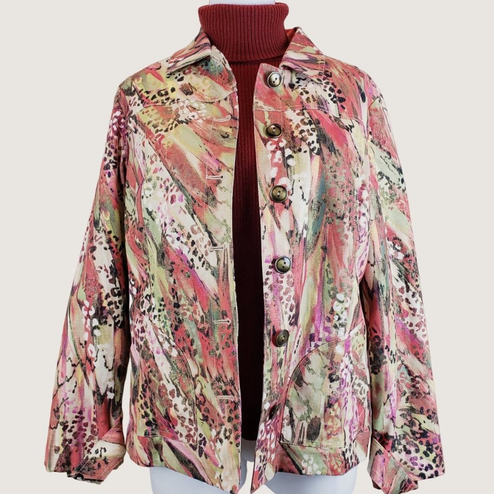 Chicos Animal Print Cotton Blend Lined Button Jacket Blazer Size 8 (Chico's 1)